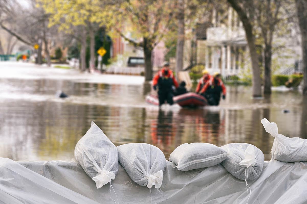sandbags holding back flood waters
